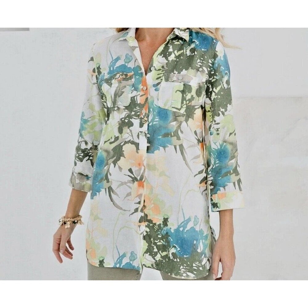 Chico's No-Iron Linen Floral Paradise Shirt Size: 2 US Size 12